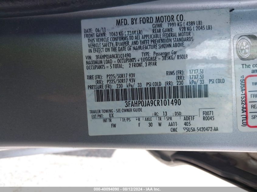 2012 Ford Fusion Sel VIN: 3FAHP0JA9CR101490 Lot: 40094090