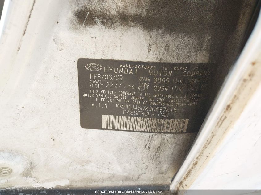 2009 Hyundai Elantra Gls/Se VIN: KMHDU46DX9U697816 Lot: 40094100