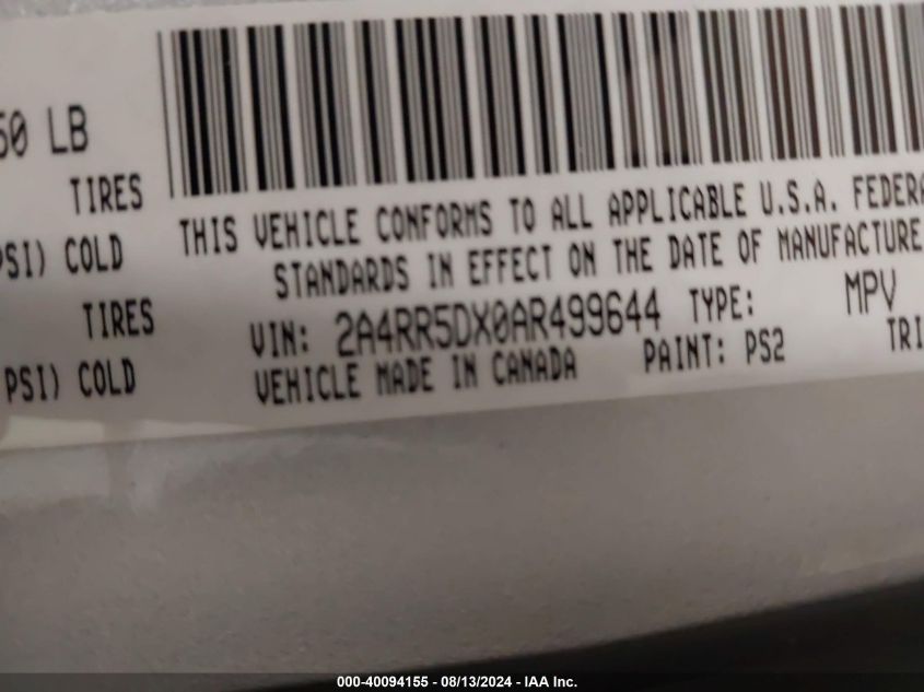 2010 Chrysler Town & Country Touring VIN: 2A4RR5DX0AR499644 Lot: 40094155