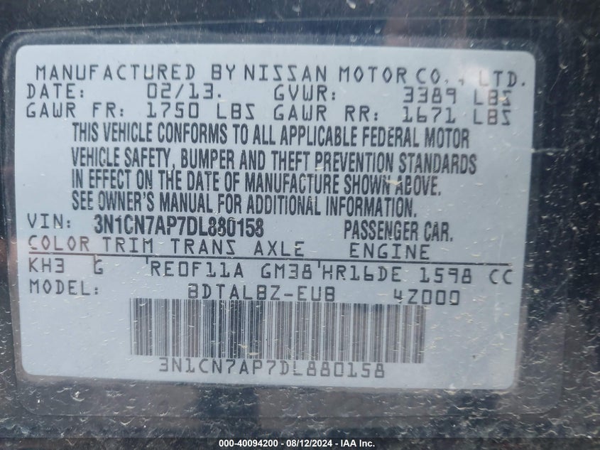 2013 Nissan Versa 1.6 Sv VIN: 3N1CN7AP7DL880158 Lot: 40094200