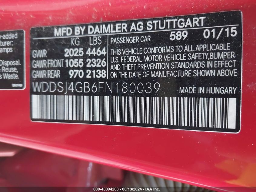 WDDSJ4GB6FN180039 2015 Mercedes-Benz Cla 250 250 4Matic