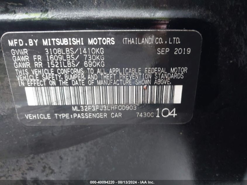 ML32F3FJ3LHF00903 2020 Mitsubishi Mirage G4 Es