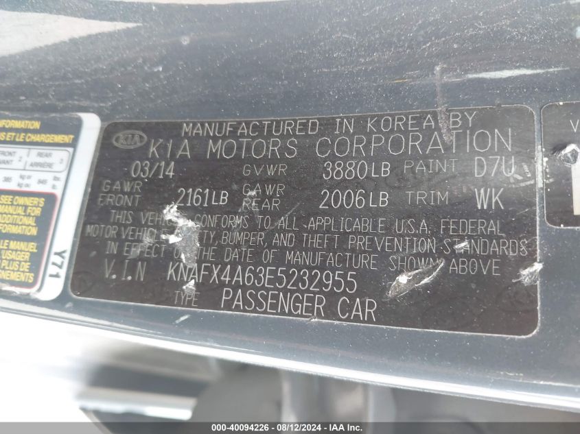 2014 Kia Forte Lx VIN: KNAFX4A63E5232955 Lot: 40094226