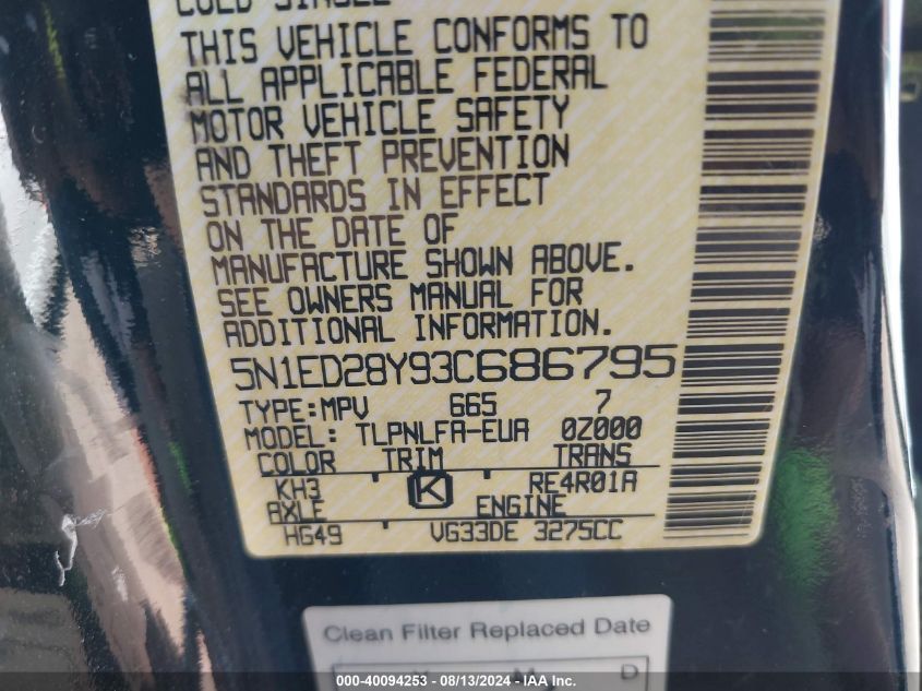 2003 Nissan Xterra Se VIN: 5N1ED28Y93C686795 Lot: 40094253