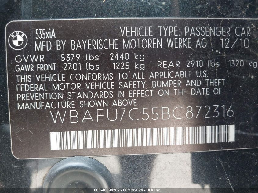 2011 BMW 535I xDrive VIN: WBAFU7C55BC872316 Lot: 40094282