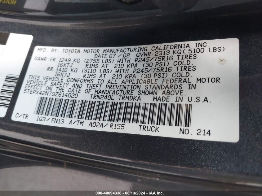 2009 Toyota Tacoma VIN: 5TEPX42N79Z614020 Lot: 40094338