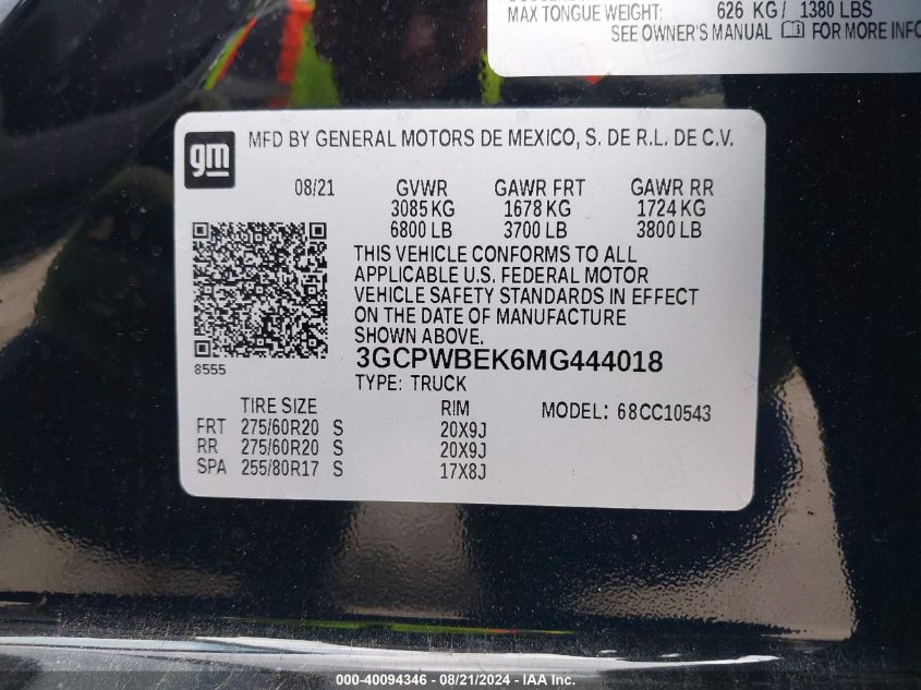 2021 CHEVROLET SILVERADO 1500 2WD  SHORT BED CUSTOM - 3GCPWBEK6MG444018