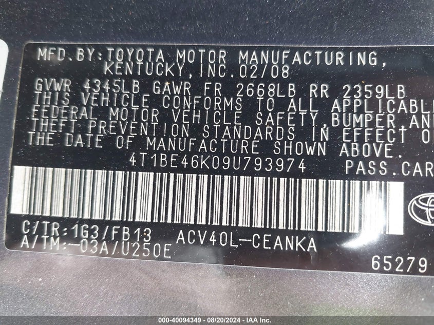 2009 Toyota Camry Le VIN: 4T1BE46K09U793974 Lot: 40094349
