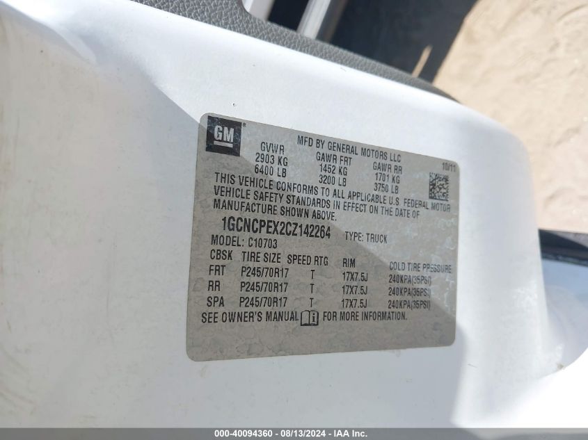 2012 Chevrolet Silverado 1500 Work Truck VIN: 1GCNCPEX2CZ142264 Lot: 40094360
