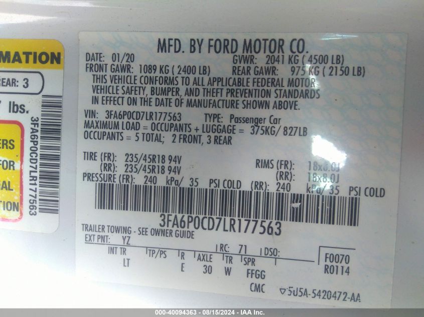 2020 Ford Fusion Sel VIN: 3FA6P0CD7LR177563 Lot: 40094363