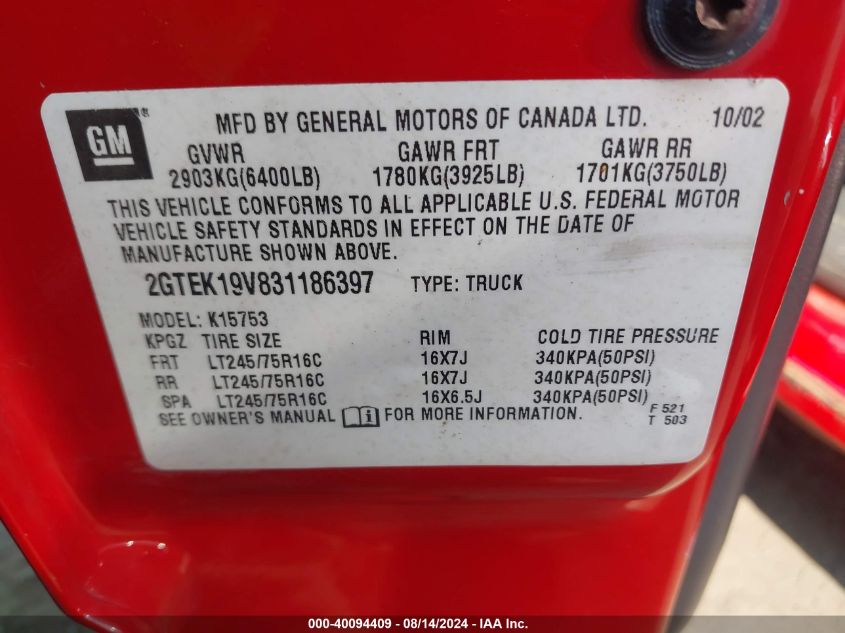 2003 GMC Sierra 1500 Sle VIN: 2GTEK19V831186397 Lot: 40094409