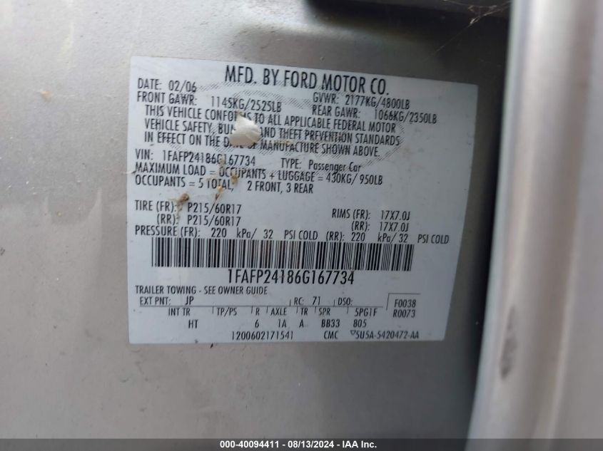 2006 Ford Five Hundred Sel VIN: 1FAFP24186G167734 Lot: 40094411