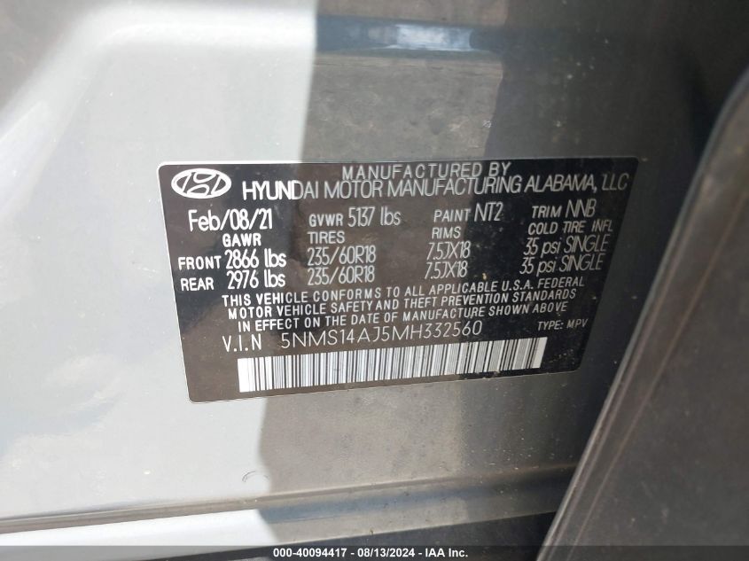 2021 Hyundai Santa Fe Se VIN: 5NMS14AJ5MH332560 Lot: 40094417