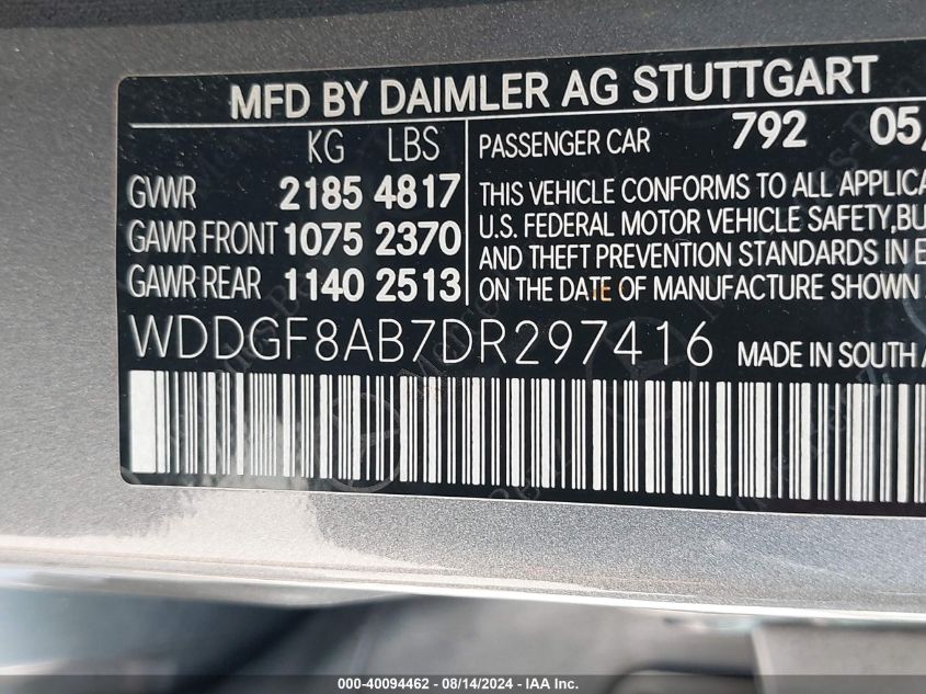 2013 Mercedes-Benz C 300 Luxury 4Matic/Sport 4Matic VIN: WDDGF8AB7DR297416 Lot: 40094462