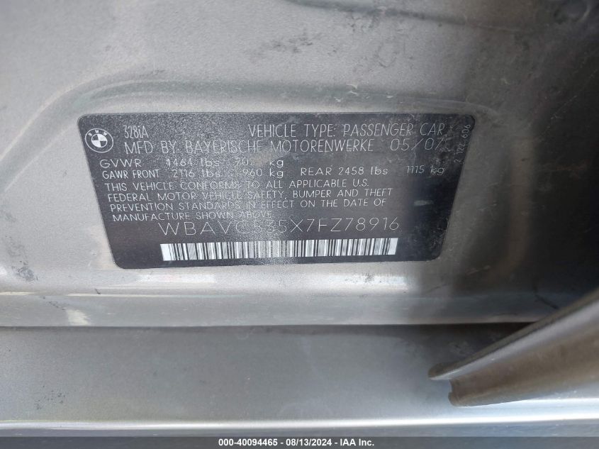 2007 BMW 328I VIN: WBAVC535X7FZ78916 Lot: 40094465
