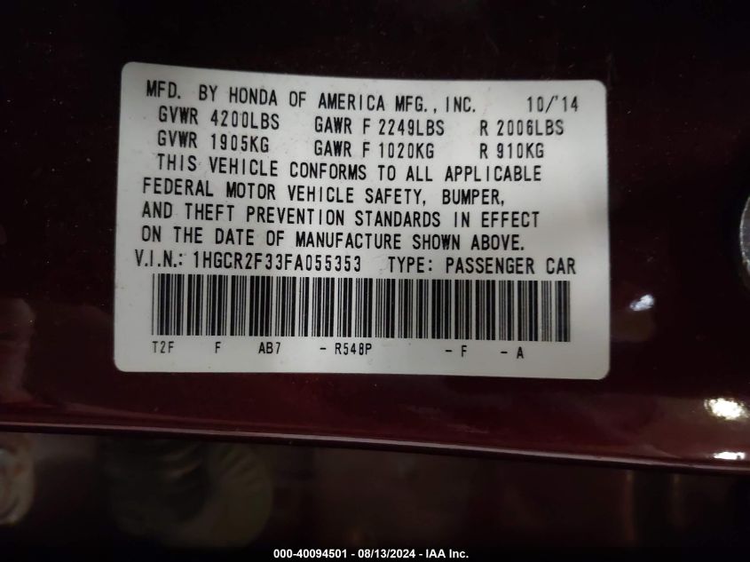 1HGCR2F33FA055353 2015 Honda Accord Lx