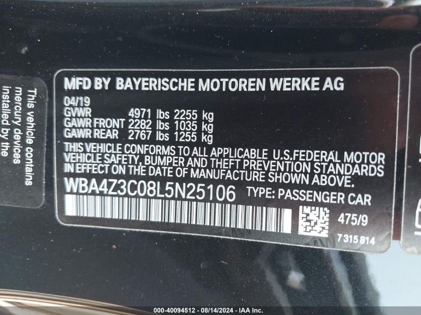 WBA4Z3C08L5N25106 2020 BMW 430I xDrive