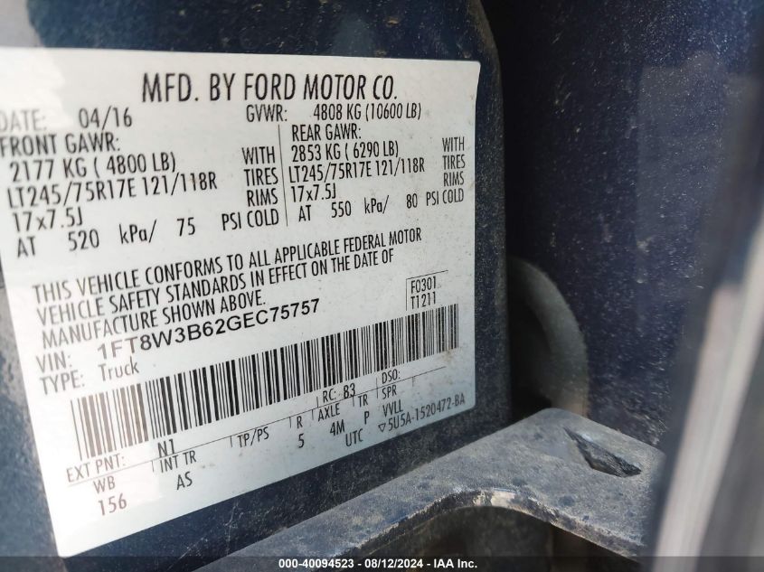 2016 Ford F-350 Xl VIN: 1FT8W3B62GEC75757 Lot: 40094523