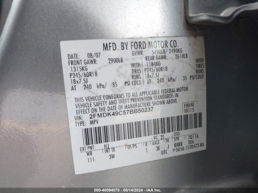 2007 Ford Edge Sel Plus VIN: 2FMDK49C57BB50237 Lot: 40094570