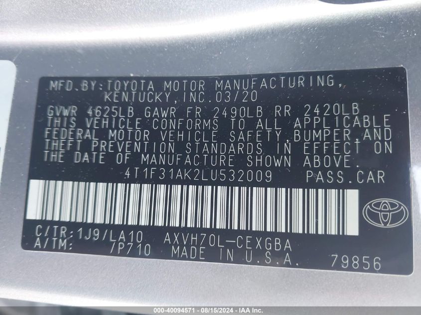 4T1F31AK2LU532009 2020 Toyota Camry Xle Hybrid