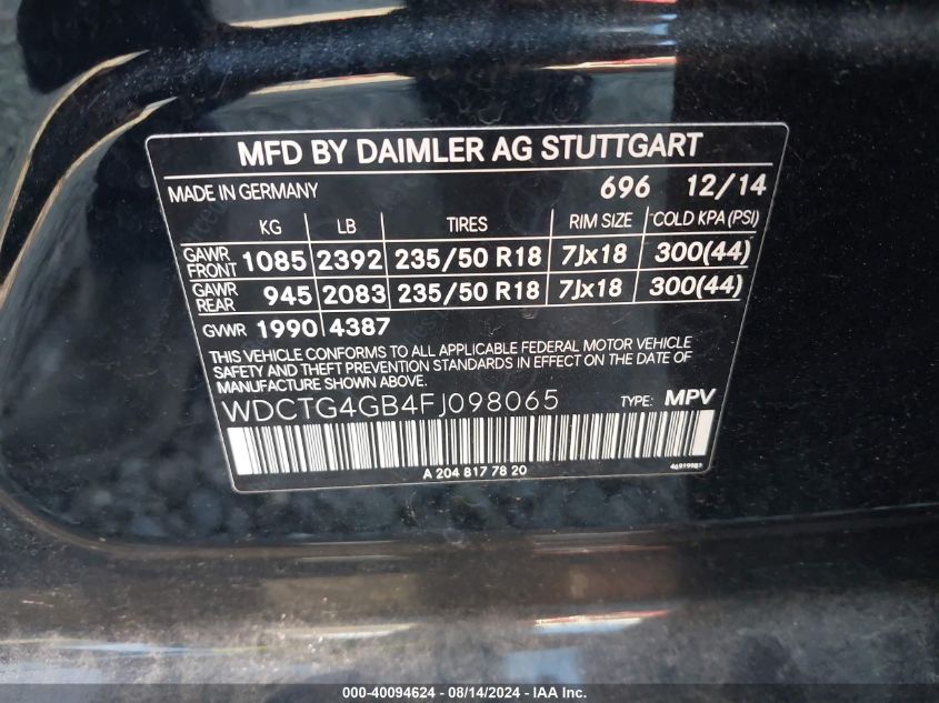 WDCTG4GB4FJ098065 2015 Mercedes-Benz Gla 250 4Matic