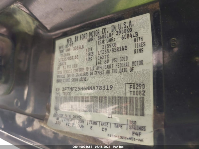 1992 Ford F250 VIN: 1FTHF25H6NNA78319 Lot: 40094653