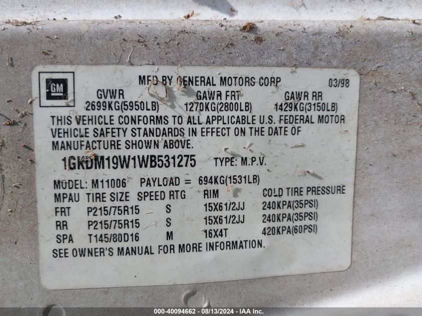 1998 GMC Safari Sle VIN: 1GKDM19W1WB531275 Lot: 40094662