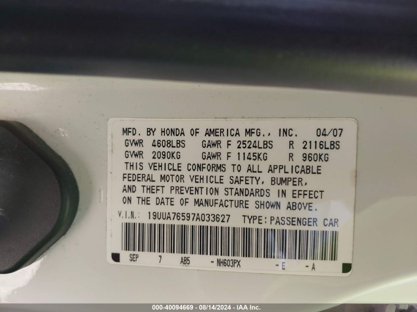 2007 Acura Tl Type S VIN: 19UUA76597A033627 Lot: 40094669