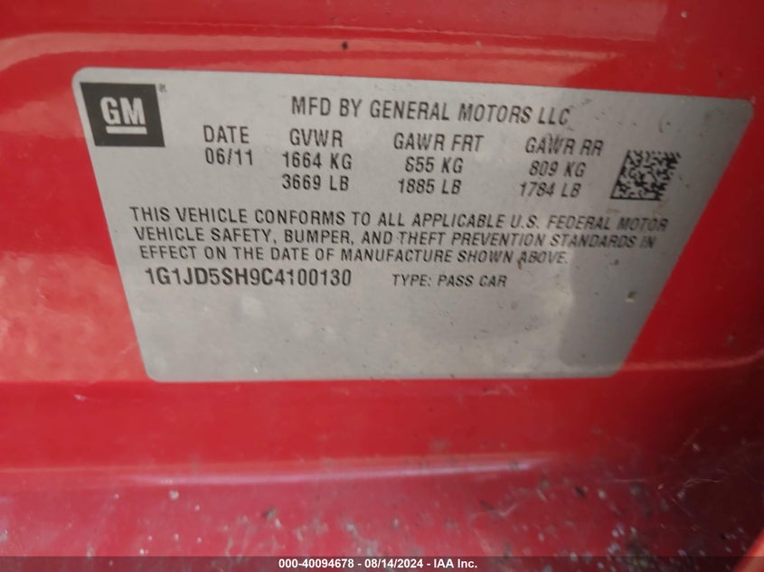 2012 Chevrolet Sonic 1Lt VIN: 1G1JD5SH9C4100130 Lot: 40094678