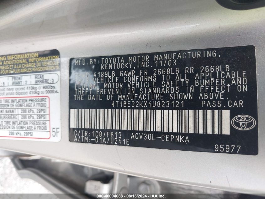 2004 Toyota Camry Le VIN: 4T1BE32KX4U823121 Lot: 40094688