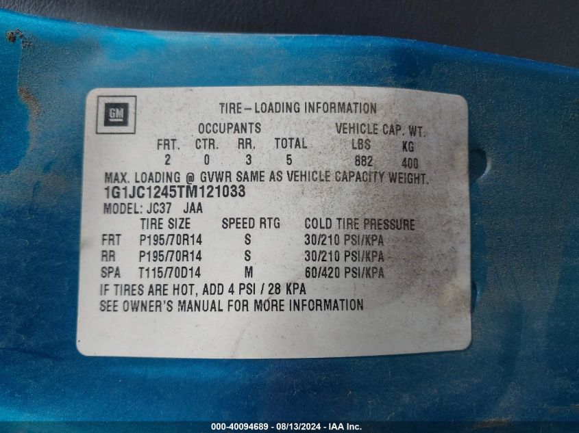 1996 Chevrolet Cavalier VIN: 1G1JC1245TM121033 Lot: 40094689