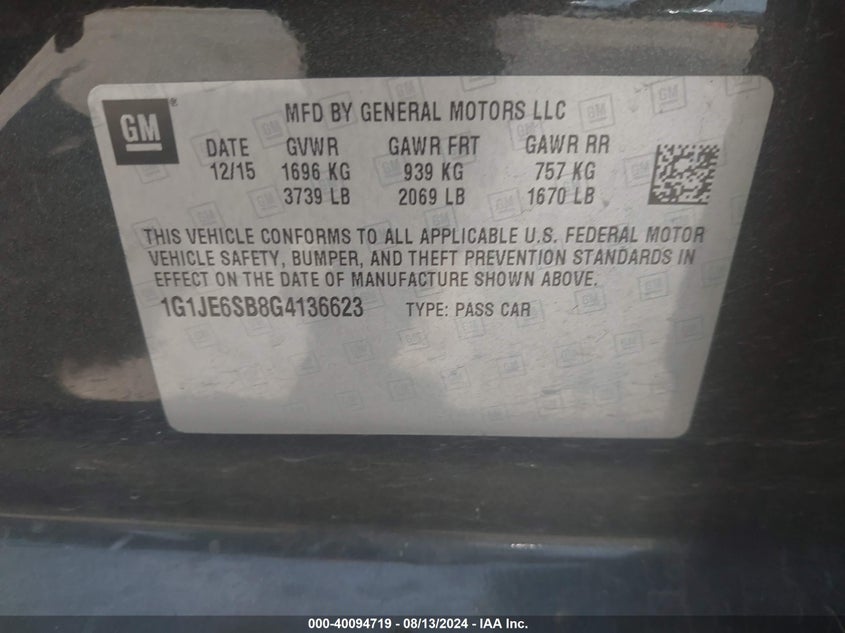 2016 Chevrolet Sonic Ltz Auto VIN: 1G1JE6SB8G4136623 Lot: 40094719