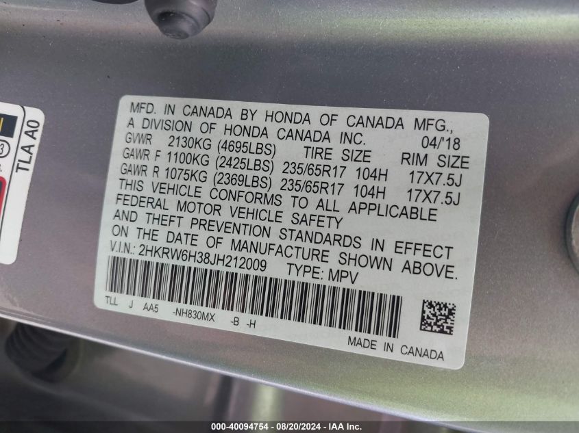 2HKRW6H38JH212009 2018 Honda Cr-V Lx