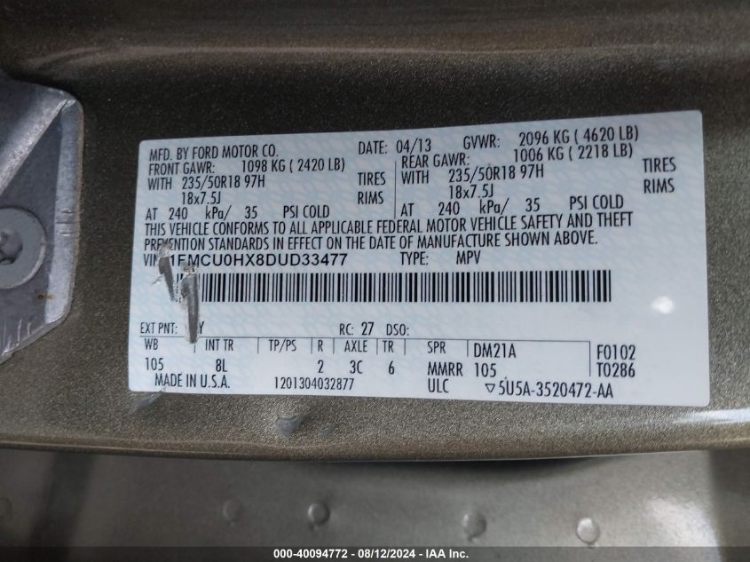 2013 Ford Escape Sel VIN: 1FMCU0HX8DUD33477 Lot: 40094772