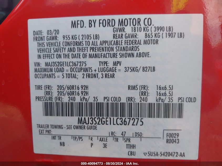 MAJ3S2GE1LC367275 2020 Ford Ecosport Se