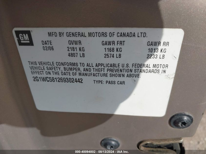 2G1WC581269302442 2006 Chevrolet Impala Lt