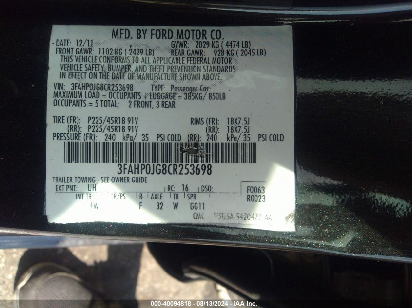 2012 Ford Fusion Sel VIN: 3FAHP0JG8CR253698 Lot: 40094818