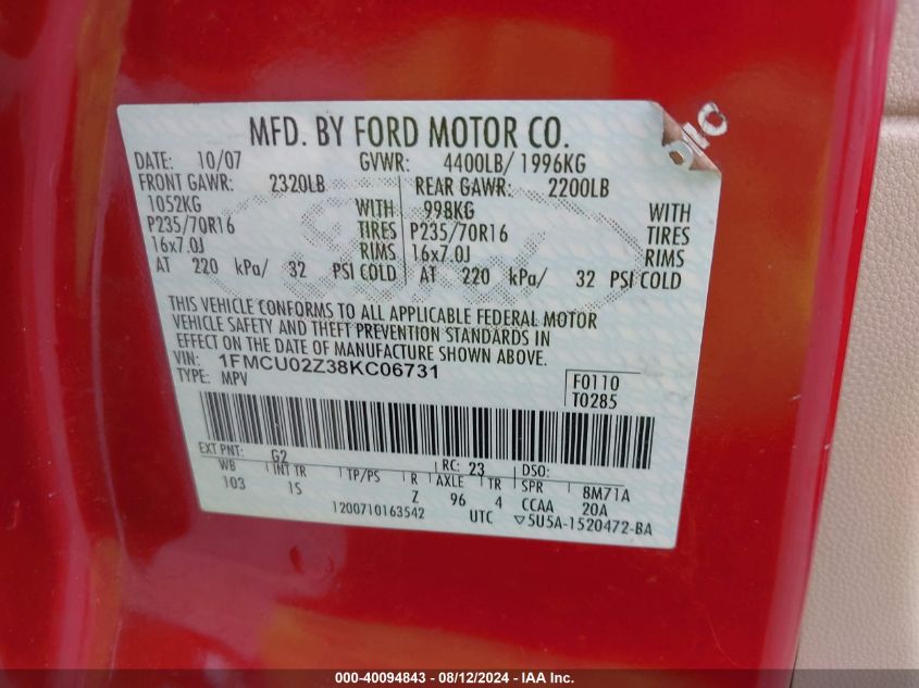 2008 Ford Escape Xls/Xls Manual VIN: 1FMCU02Z38KC06731 Lot: 40094843