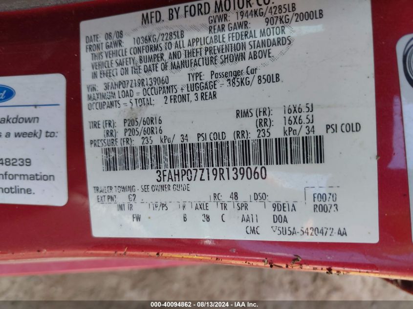 2009 Ford Fusion Se VIN: 3FAHP07Z19R139060 Lot: 40094862