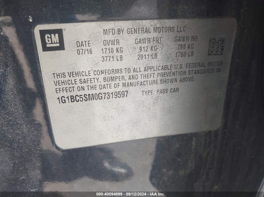 2016 Chevrolet Cruze Ls Auto VIN: 1G1BC5SM0G7319597 Lot: 40094899