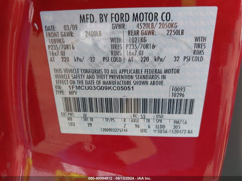 2009 Ford Escape Xlt VIN: 1FMCU03G09KC05051 Lot: 40094912