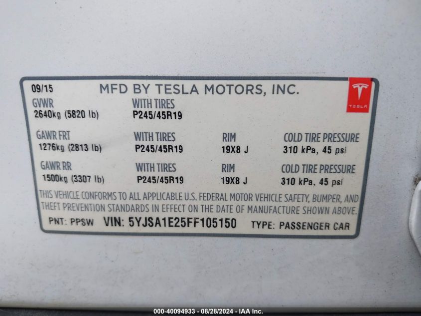 5YJSA1E25FF105150 2015 Tesla Model S 70D/85D/P85D