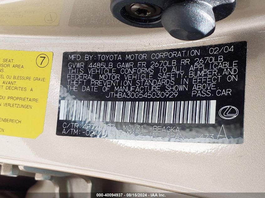 2004 Lexus Es 330 VIN: JTHBA30G545030929 Lot: 40094937