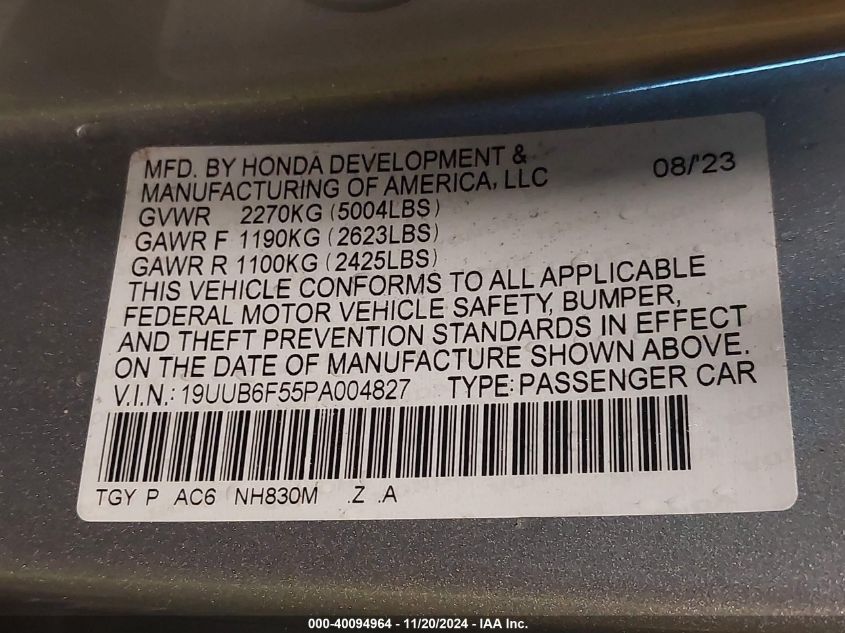 2023 Acura Tlx A-Spec Package VIN: 19UUB6F55PA004827 Lot: 40094964