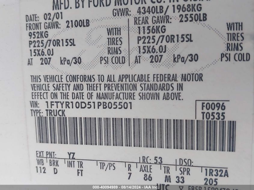 2001 Ford Ranger Xl/Xlt VIN: 1FTYR10D51PB05501 Lot: 40094989