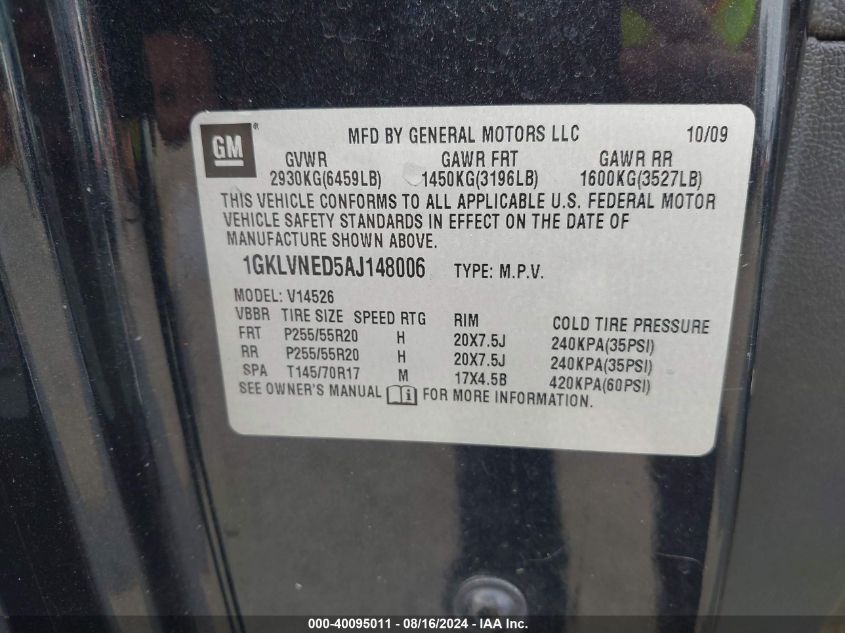 2010 GMC Acadia Slt-2 VIN: 1GKLVNED5AJ148006 Lot: 40095011