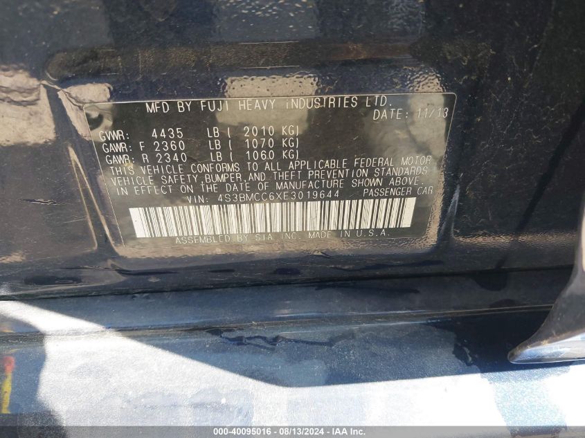 2014 Subaru Legacy 2.5I Premium VIN: 4S3BMCC6XE3019644 Lot: 40095016