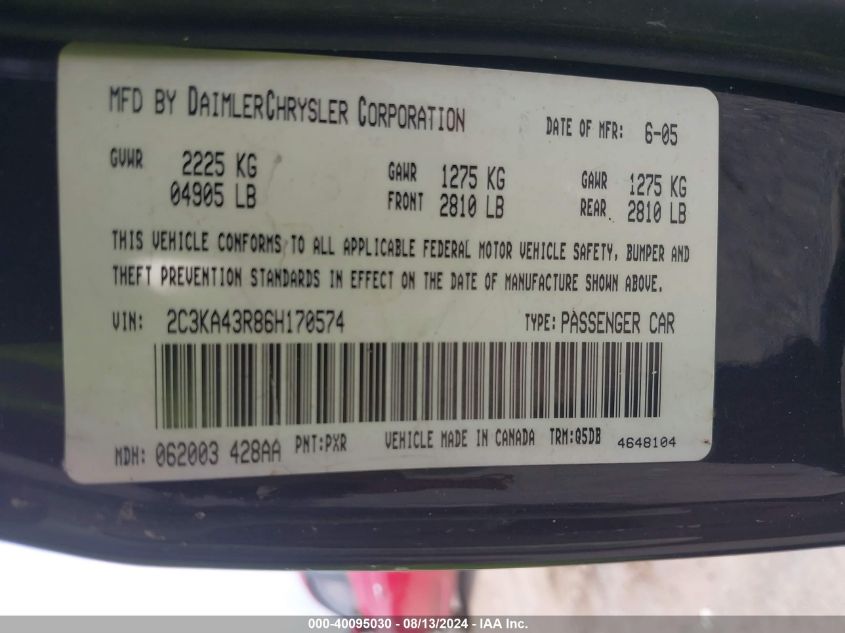 2006 Chrysler 300 VIN: 2C3KA43R86H170574 Lot: 40095030