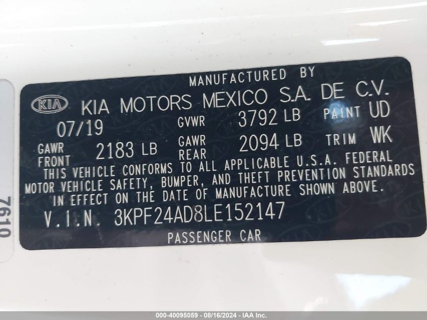 2020 Kia Forte Lxs VIN: 3KPF24AD8LE152147 Lot: 40095059