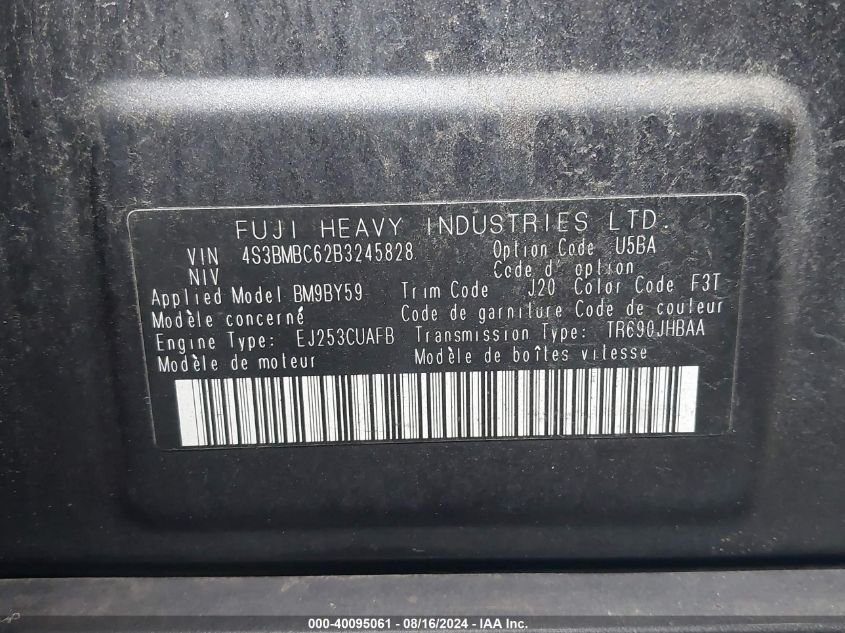 2011 Subaru Legacy 2.5I Premium VIN: 4S3BMBC62B3245828 Lot: 40095061